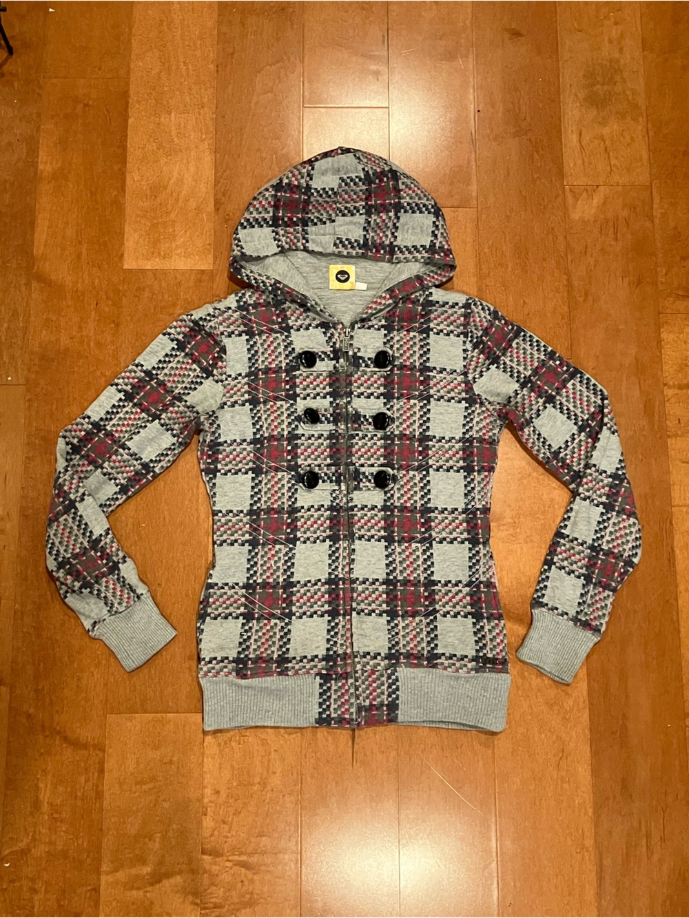 Y2K Roxy plaid zip up hoodie, Roxy hoodie with pockets Size XS.